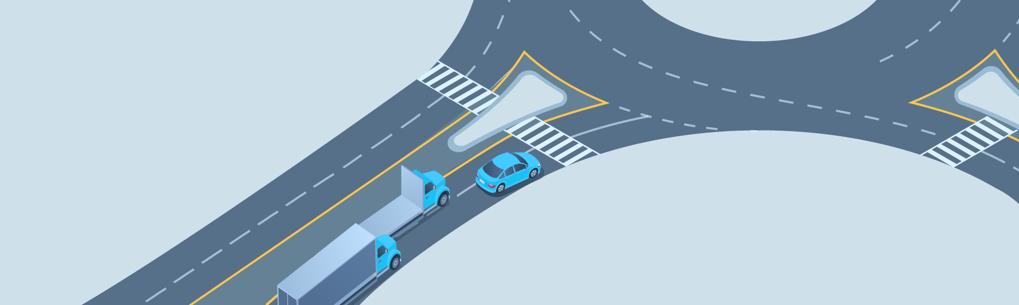 Changing directions - What should you do if you are in the right lane and two large trucks are approaching a roundabout at the same time?